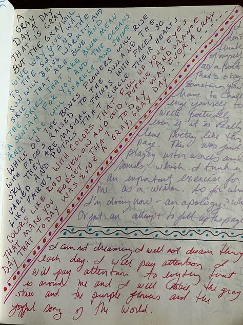 Journal pages written in multiple colors with doodles and designs