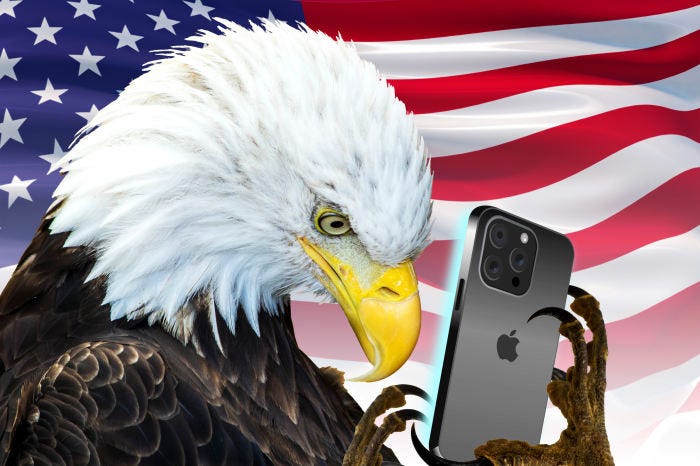 Illustration of a bald eagle holding an iPhone in front of an American flag. Illustration of a bald eagle holding an iPhone in front of an American flag.