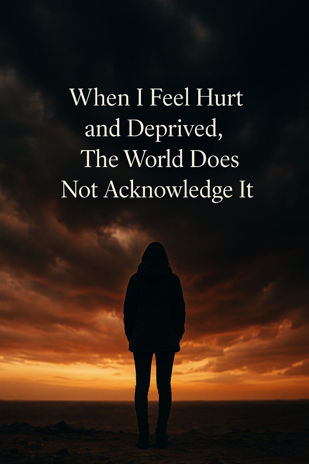 Silhouette facing a stormy sunset with overlaid text: ‘When I Feel Hurt and Deprived, The World Does Not Acknowledge It.’