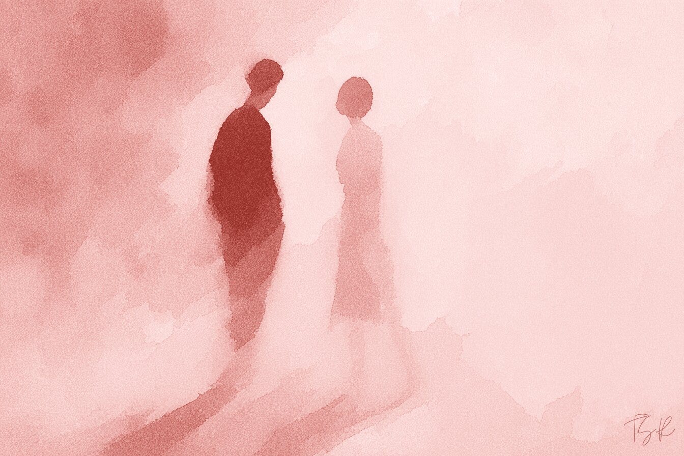 In a pink watercolor atmosphere, two silhouetted figures pass each other. To the left, a faint shadow anchors the scene, echoing the man’s rounded, slightly slumped shoulders and the melancholic tension between them. Part of The Subtext Review’s In Passing column for the March–May 2026 Literary Review.