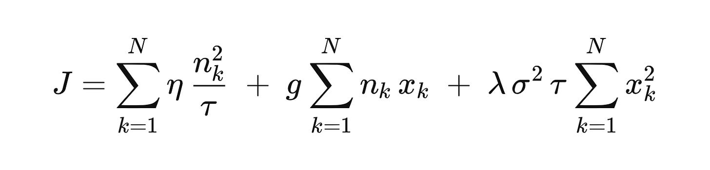 J = \sum_{k=1}^{N} \eta\,\frac{n_k^2}{\tau} \;+\; g\sum_{k=1}^{N} n_k\, x_k \;+\; \lambda\,\sigma^2\,\tau\sum_{k=1}^{N} x_k^2 J = \sum_{k=1}^{N} \eta\,\frac{n_k^2}{\tau} \;+\; g\sum_{k=1}^{N} n_k\, x_k \;+\; \lambda\,\sigma^2\,\tau\sum_{k=1}^{N} x_k^2