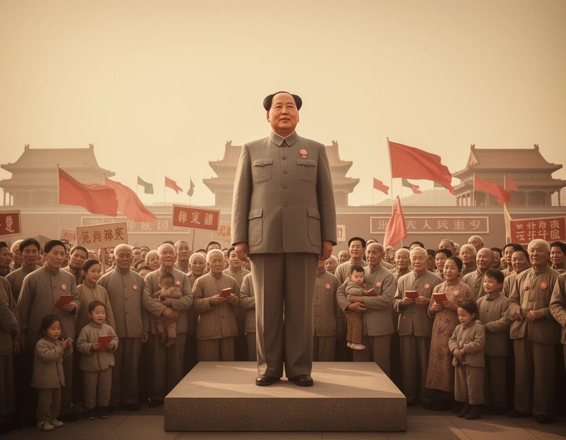 Classical chinese CCP propaganda with Chinese citizens gather around Mao Ze Dong