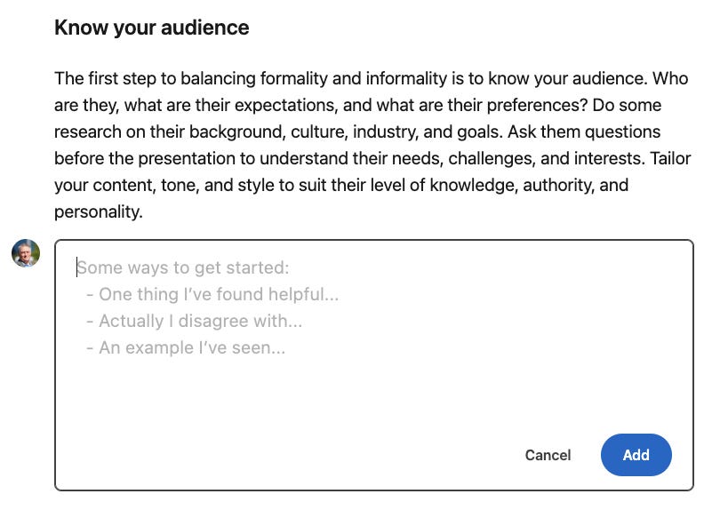 Screenshot of the editing feature of LinkedIn's AI-generated articles