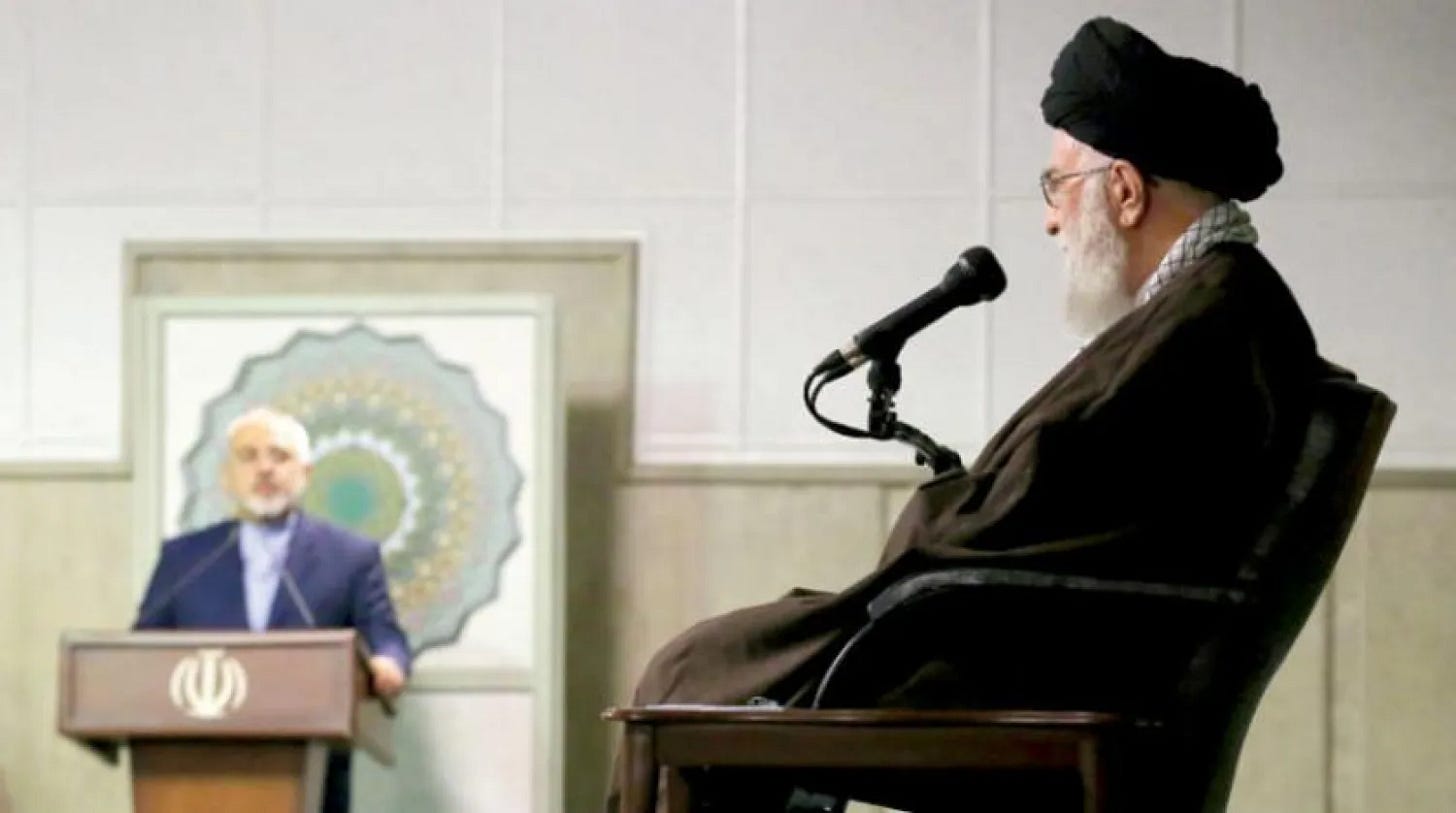 A picture published by the website of Iranian Supreme Leader, Ali Khamenei, during his reception of Foreign Minister Mohammad Javad Zarif shortly after the nuclear agreement was reached in 2015.
A picture published by the website of Iranian Supreme Leader, Ali Khamenei, during his reception of Foreign Minister Mohammad Javad Zarif shortly after the nuclear agreement was reached in 2015.