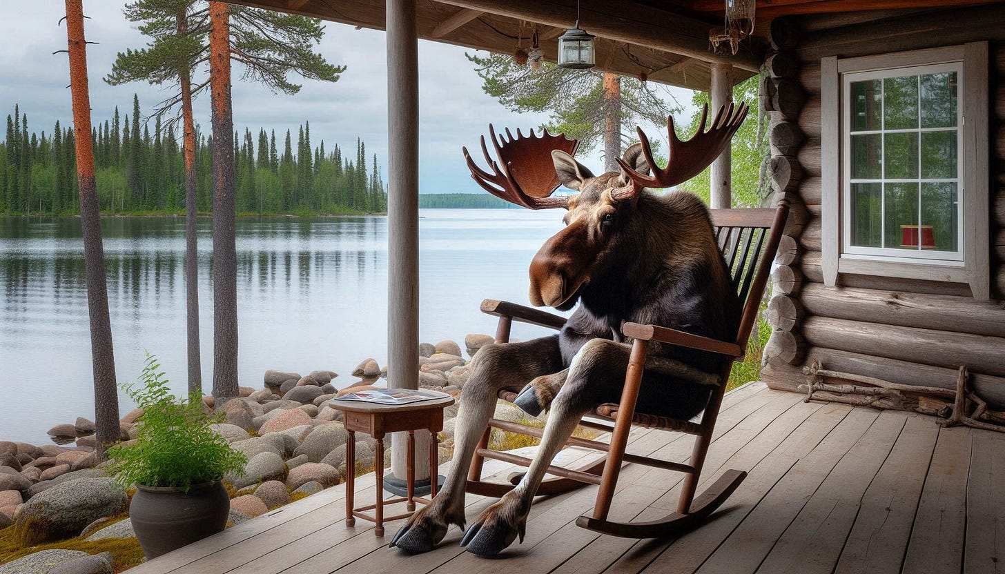 A moose sitting in a rocking chair on a porch

AI-generated content may be incorrect.