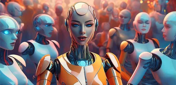 AI-generated image of a shiny robot surrounded by shiny robots. AI-generated image of a shiny robot surrounded by shiny robots.