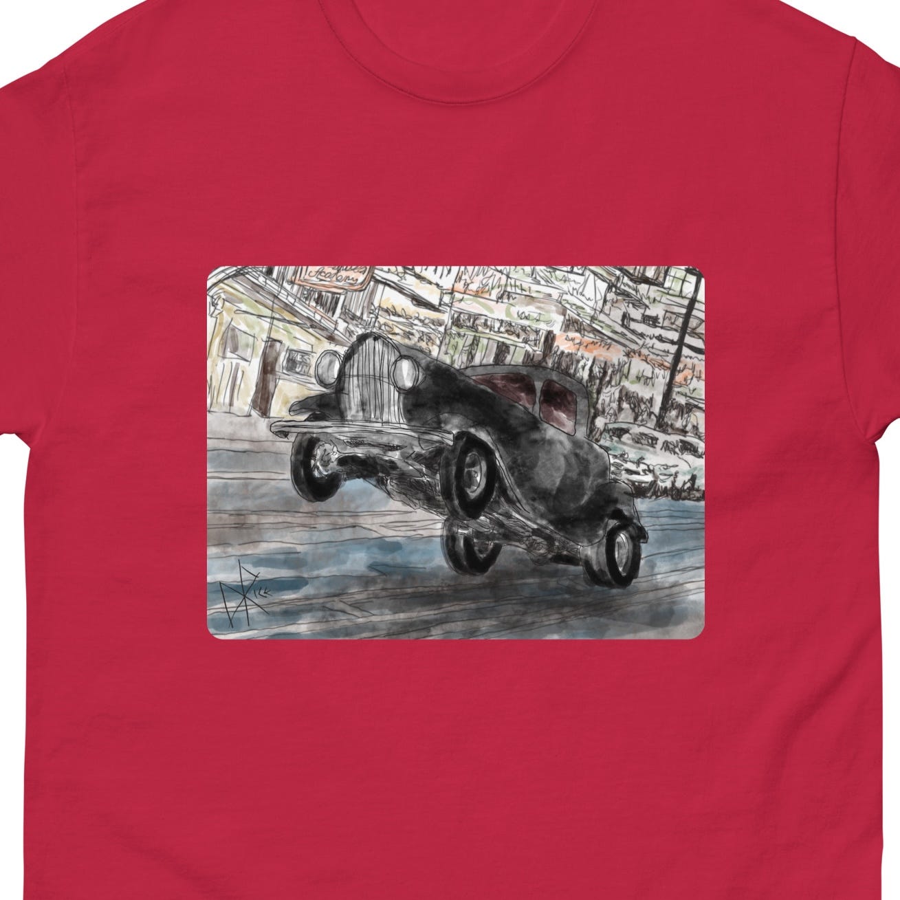 A black 1940’s coupe, modded as a hot rod, doing a wheelie on a slightly inclined 1950’s city street. Sketch art by Don Rice.