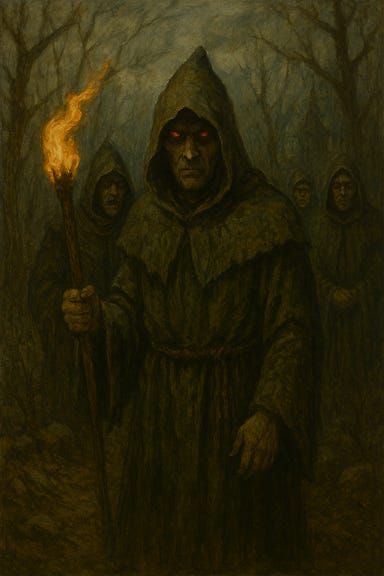 A dark fantasy image of several Cultists of Strahd lurking in the wilds of Barovia. Hooded figures in tattered black and crimson robes stand among twisted trees and creeping fog. Their faces are pale and gaunt, some masked with carved wooden visages resembling fanged smiles. One cultist holds a lantern filled with blood‑red light; another clutches a ritual dagger etched with vampiric runes. Behind them, skeletal branches form shapes like reaching claws, and the mist coils around their feet. The atmosphere is eerie, oppressive, and steeped in dread.