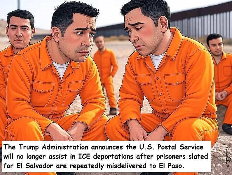 May be an image of 4 people and text that says 'The Trump Administration announces the U.S. Postal Service will no longer assist in ICE deportations after prisoners slated for EI Salvador are repeatedly misdelivered to El Paso.'