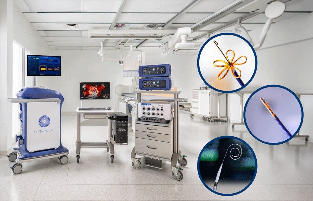FARAPULSE™ Pulsed Field Ablation Platform setup, featuring the FARASTAR™ generator, OPAL HDx™ Mapping System, and FARAWAVE™ catheter, designed for atrial fibrillation treatment. FARAPULSE™ Pulsed Field Ablation Platform setup, featuring the FARASTAR™ generator, OPAL HDx™ Mapping System, and FARAWAVE™ catheter, designed for atrial fibrillation treatment.