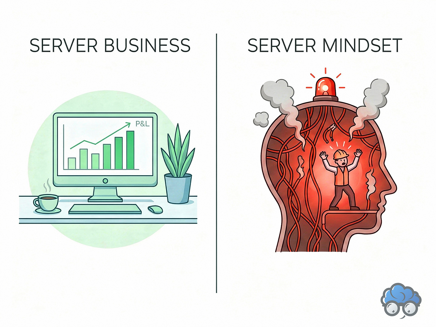 Illustration éditoriale divisée en deux. À gauche : un bureau calme avec des graphiques financiers en hausse (P&L vert). À droite : une silhouette de tête humaine contenant des serveurs informatiques en surchauffe et en feu. Métaphore du contraste entre réussite financière et épuisement mental.
