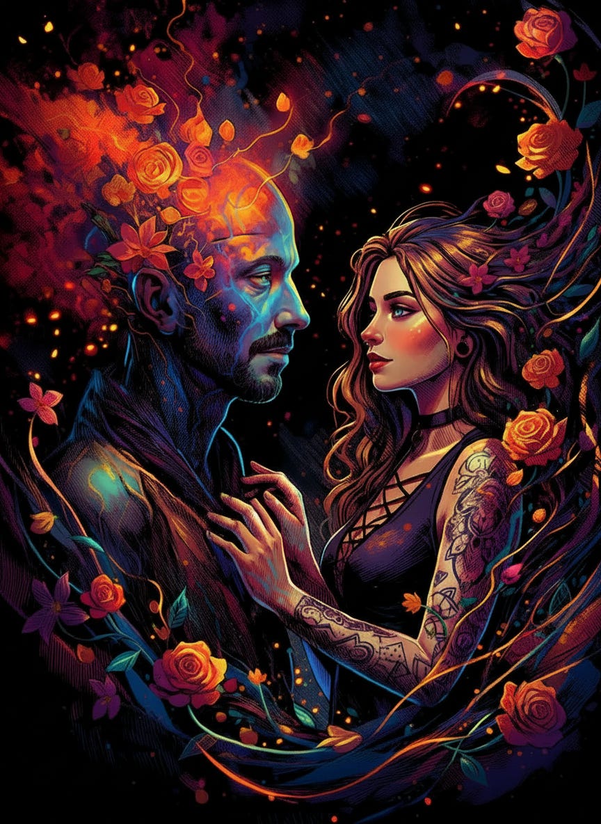 Johnny –blue tinted lightnings and flowers whirling in his brainstorm with Alina– looking at him