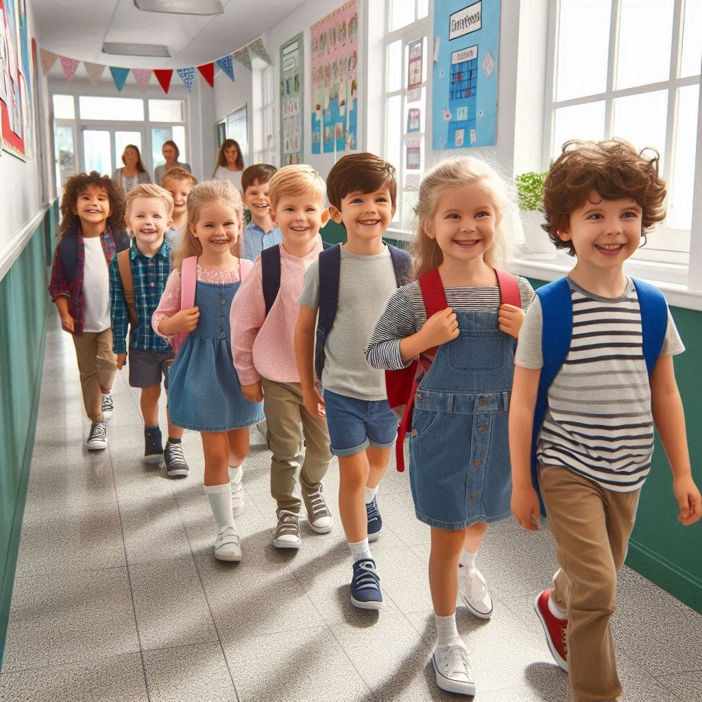 a line of happy kindergartners marching down a school hallway to get their class photos taken 