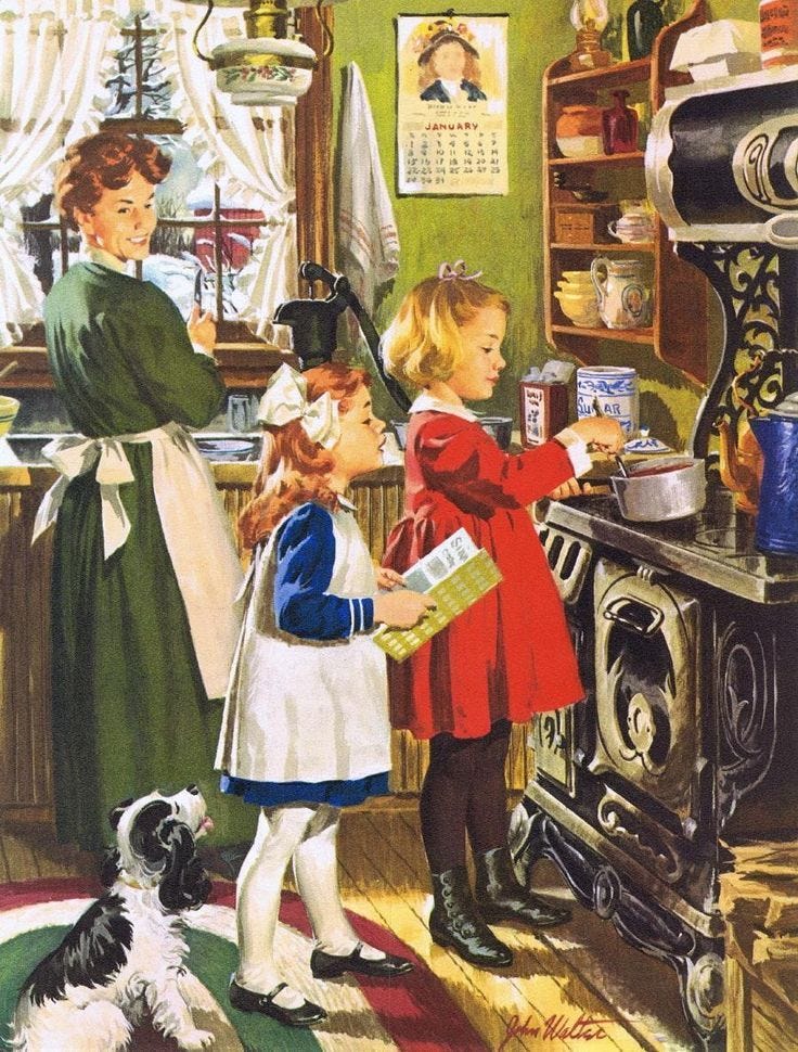 This may contain: an old fashioned kitchen scene with two children and a dog looking at something on the stove This may contain: an old fashioned kitchen scene with two children and a dog looking at something on the stove