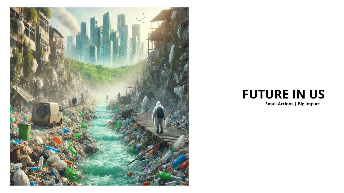 Visual metaphor for plastic pollution showing a heavily contaminated river flanked by waste and decay, while a clean futuristic city looms in the distance. This image illustrates the message of 'Plastic Is Not the Problem, We Are' and the urgent need for human responsibility.