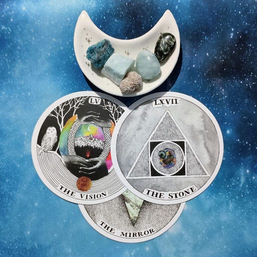 Your Vision & Your Doubt: A Message From the Universe, 2 Wild Unknow Archetype cards and crystals on a starry blue background Your Vision & Your Doubt: A Message From the Universe, 2 Wild Unknow Archetype cards and crystals on a starry blue background