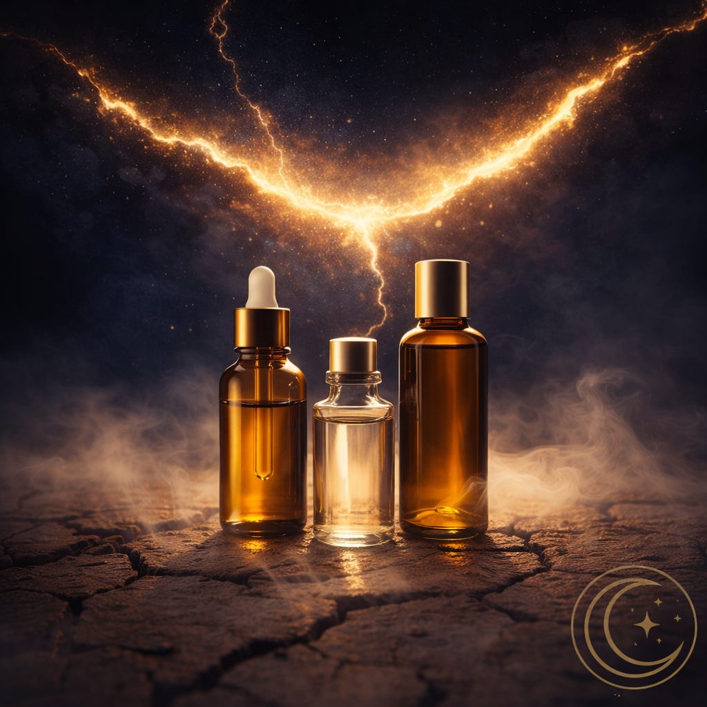 MoonInMental aromatherapy image for solar eclipse week February 2026. Glass essential oil bottles on cracked earth beneath a splitting navy sky with golden light representing grounding during structural change.