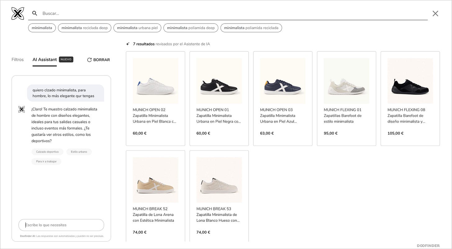 Ejemplo del asistente IA para ecommerce de DoFinder en la tienda online Munich. 