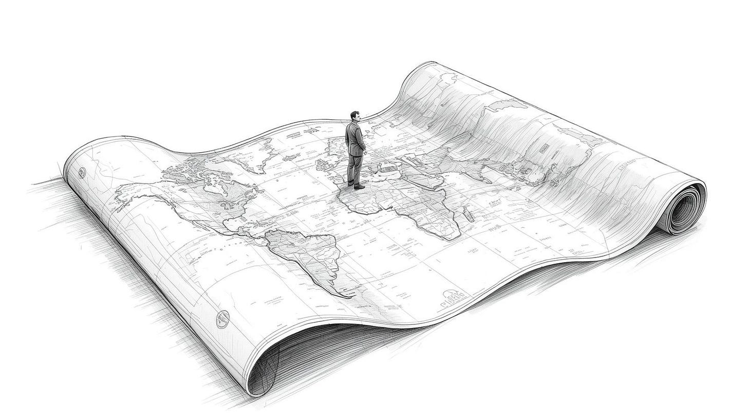 Figure standing on a giant map that fully covers the real landscape beneath it Figure standing on a giant map that fully covers the real landscape beneath it