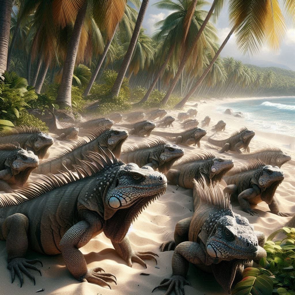 Iguanas inching inland photorealistic