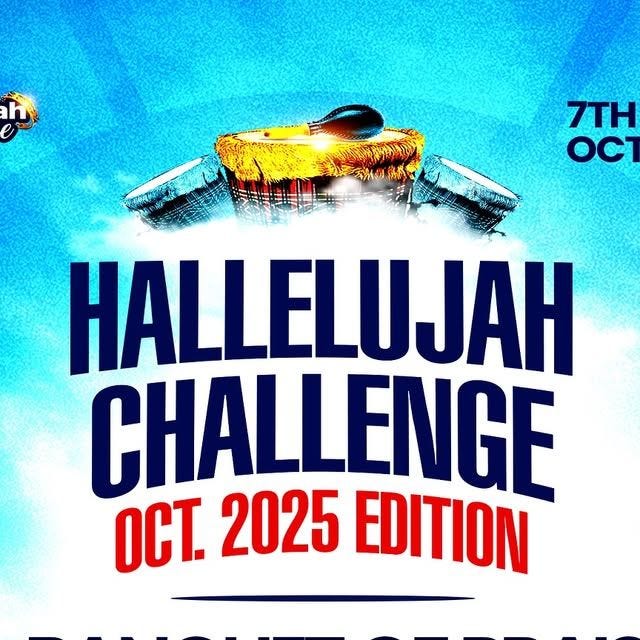 This may contain: the poster for haleluah challenge is shown in blue and yellow with an airplane on it