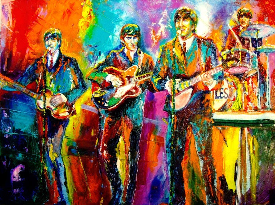 Impressionistic artwork inspired by a photograph of The Beatles performing live on stage.