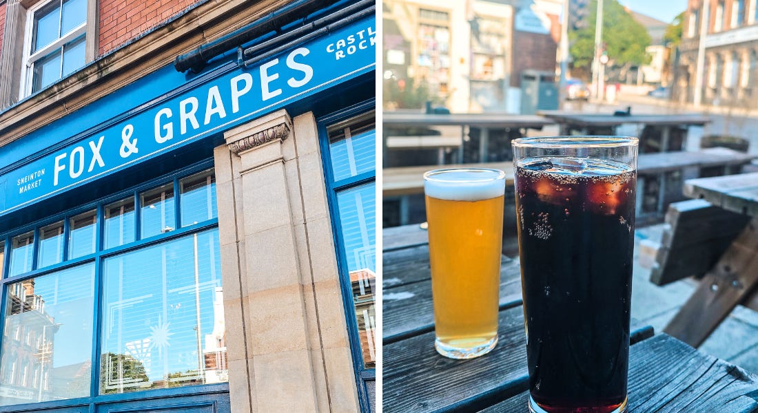Two pictures of the Fox and Grapes pub - one of the exterior with blue sign and windows and one of two drinks on benches Two pictures of the Fox and Grapes pub - one of the exterior with blue sign and windows and one of two drinks on benches