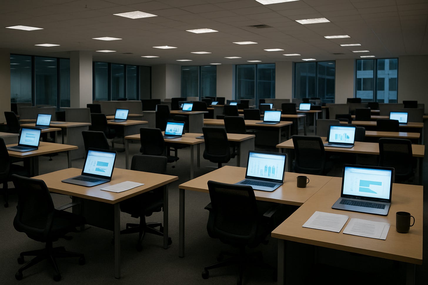 A modern open-plan office with rows of empty desks, each holding glowing laptop screens and presentation slides, symbolizing the illusion of productivity without people or outcomes.