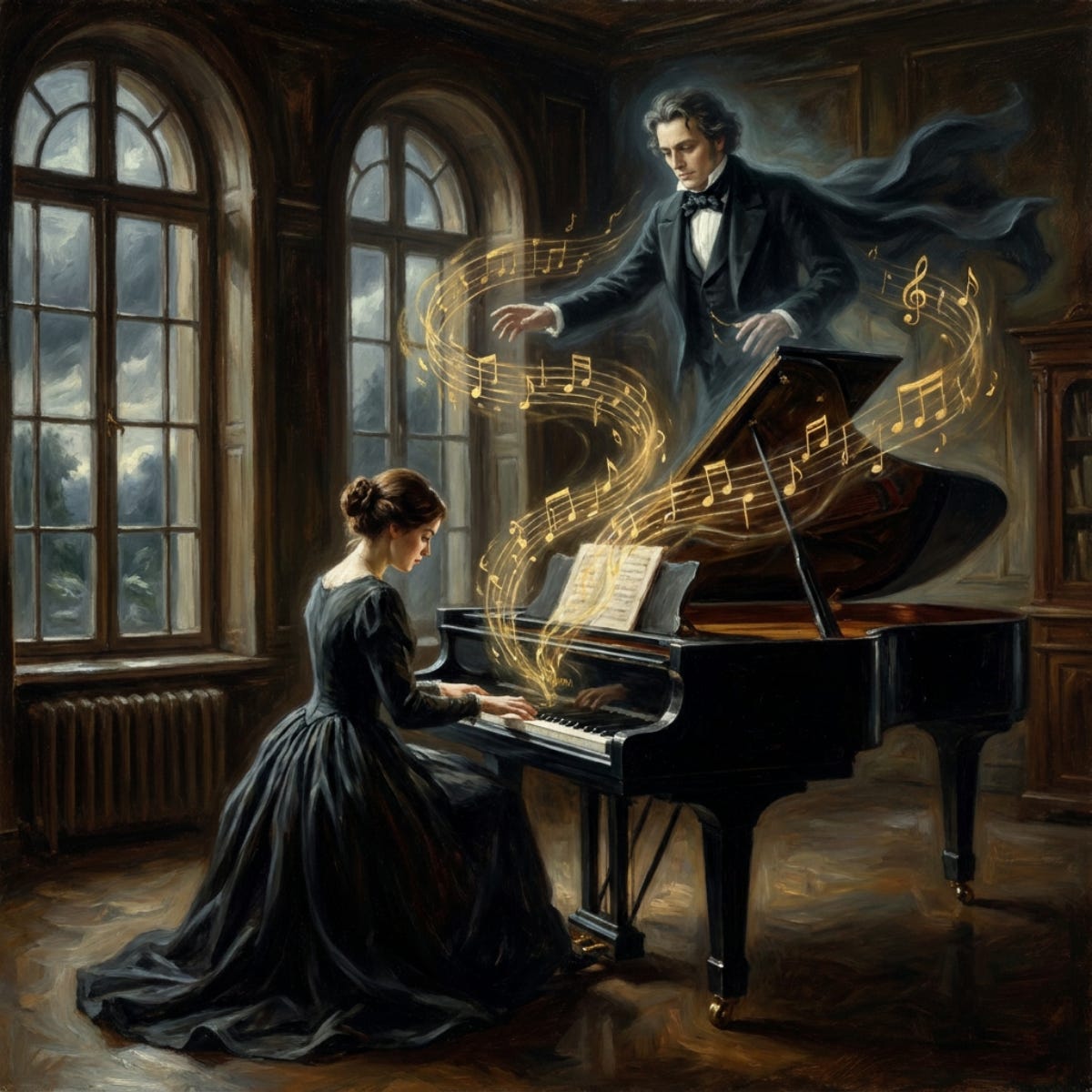 Woman at piano. Golden notes turn into a man.