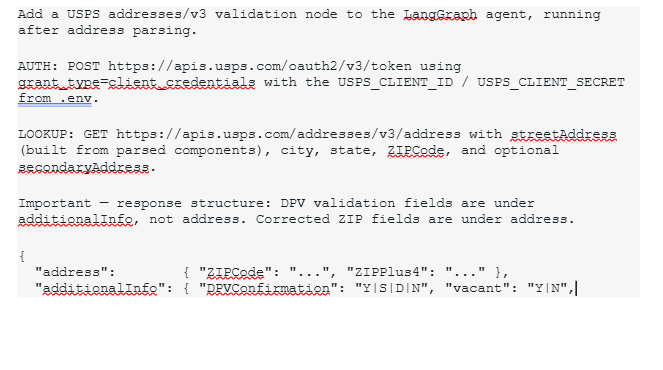 USPS address validation workflow showing authentication, lookup, and response structure for LangGraph agent integration USPS address validation workflow showing authentication, lookup, and response structure for LangGraph agent integration