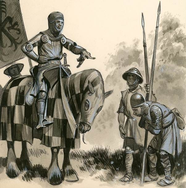 A person in armor riding a horse with two men in helmets

AI-generated content may be incorrect.
