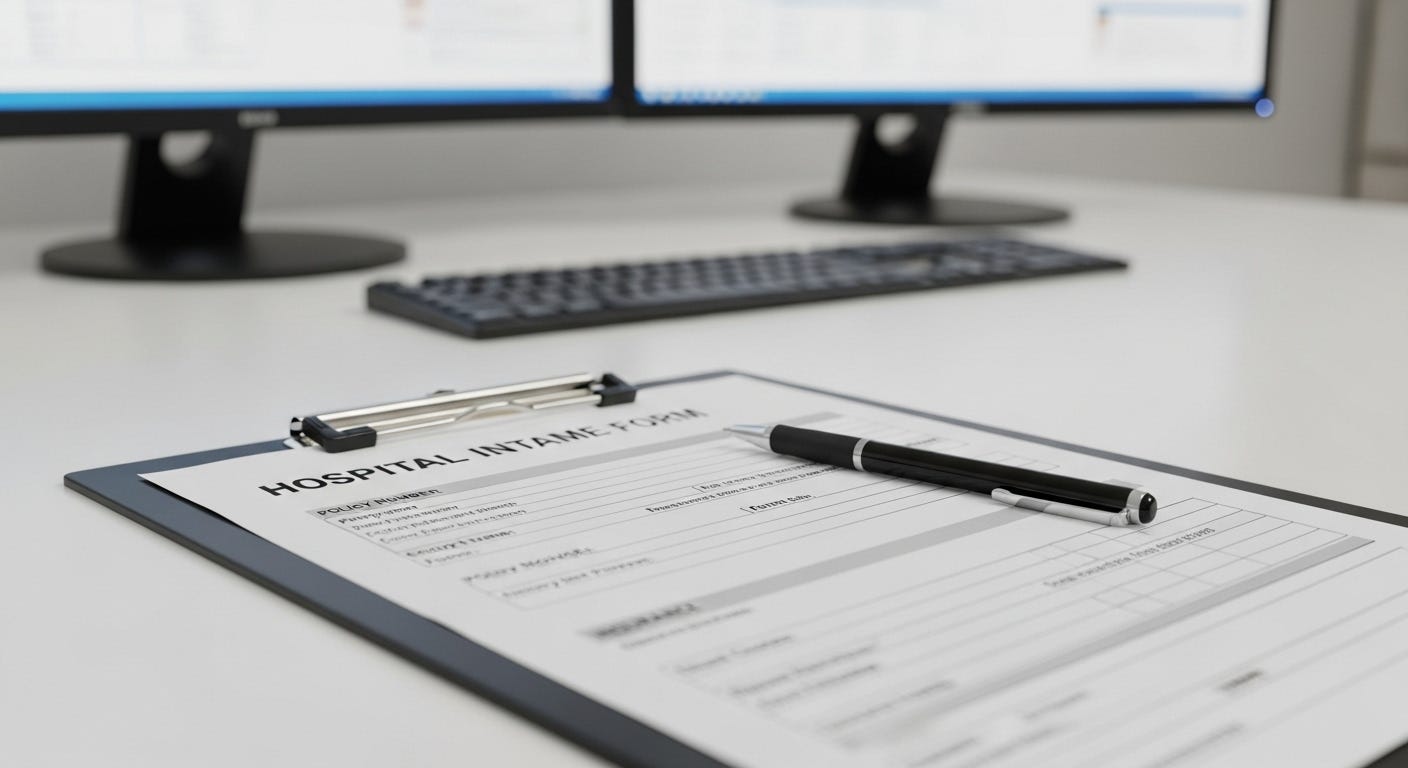 A black clipboard holding a modern hospital intake form rests on a white desk, with a black ballpoint pen lying diagonally across the paperwork. Two softly blurred computer screens sit in the background, creating a clean, clinical atmosphere. A black clipboard holding a modern hospital intake form rests on a white desk, with a black ballpoint pen lying diagonally across the paperwork. Two softly blurred computer screens sit in the background, creating a clean, clinical atmosphere.
