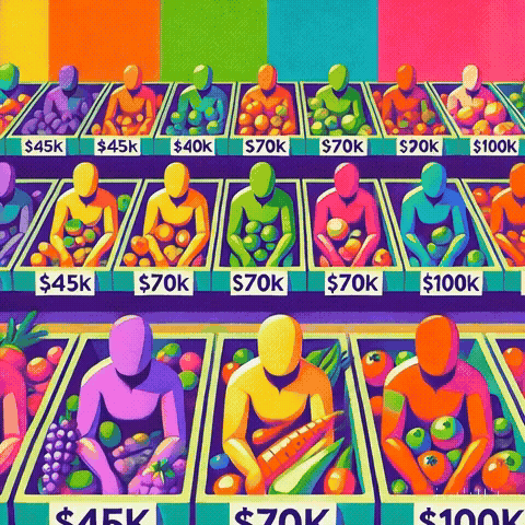 A vibrant illustration depicting stylized figures in market stalls representing different salary ranges, labeled with amounts like $45K, $70K, and $100K, surrounded by colorful fruits and vegetables.