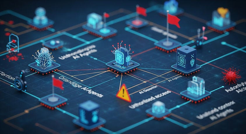 Futuristic digital circuit board with nodes and red flags. Blue glowing lines connect blocks, warning triangle and virus icon present.