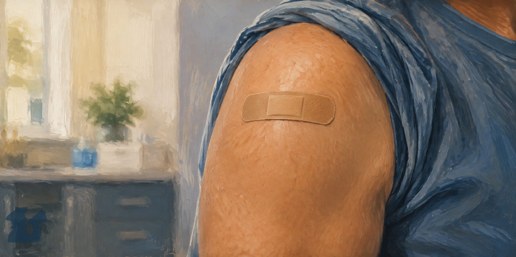 Painterly close-up of a person’s upper arm with a rolled-up blue sleeve and an adhesive bandage covering the vaccination site.