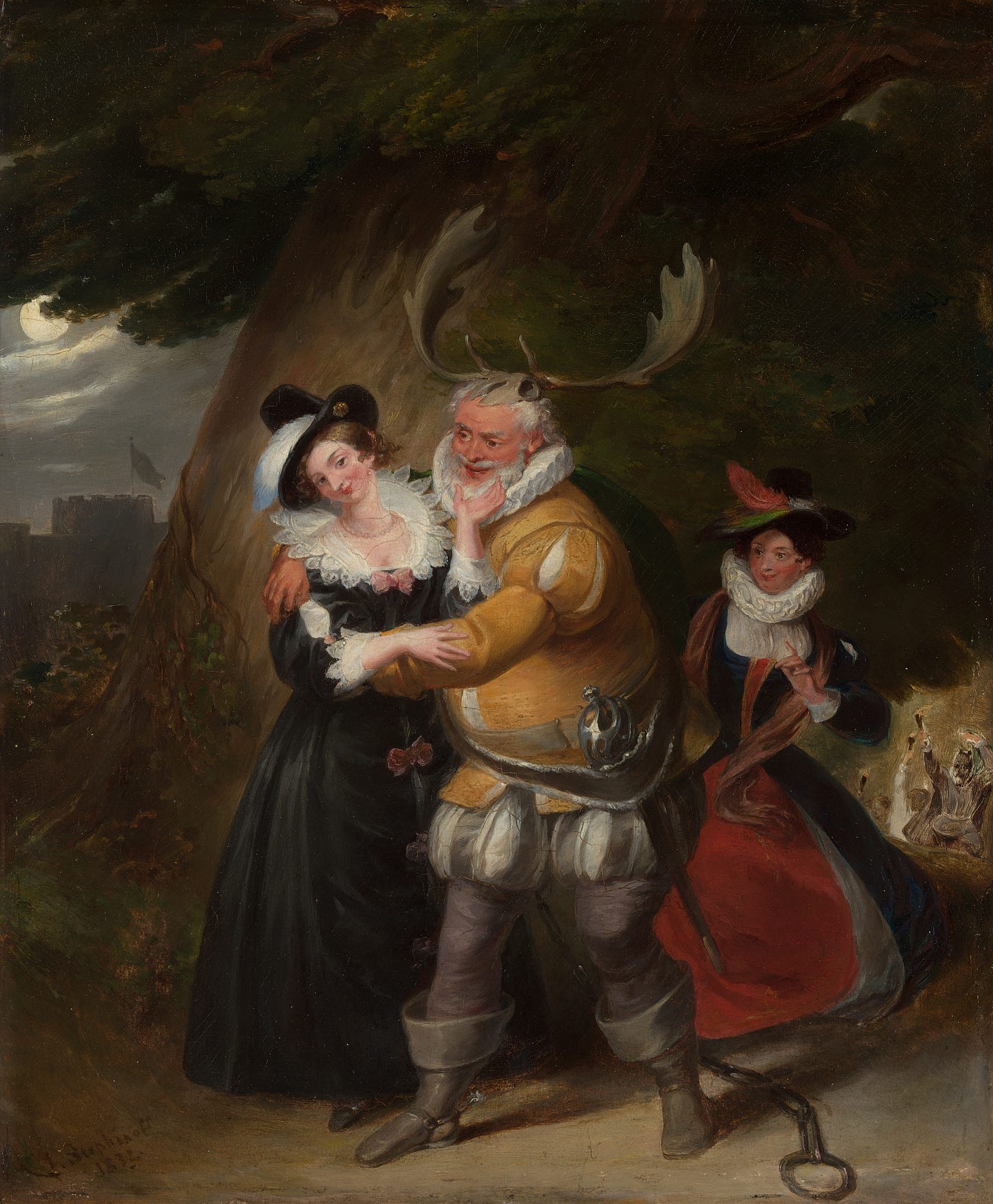 Painting of fat older man wearing antlers, embracing one woman and being spied upon by another, background of trees and castle