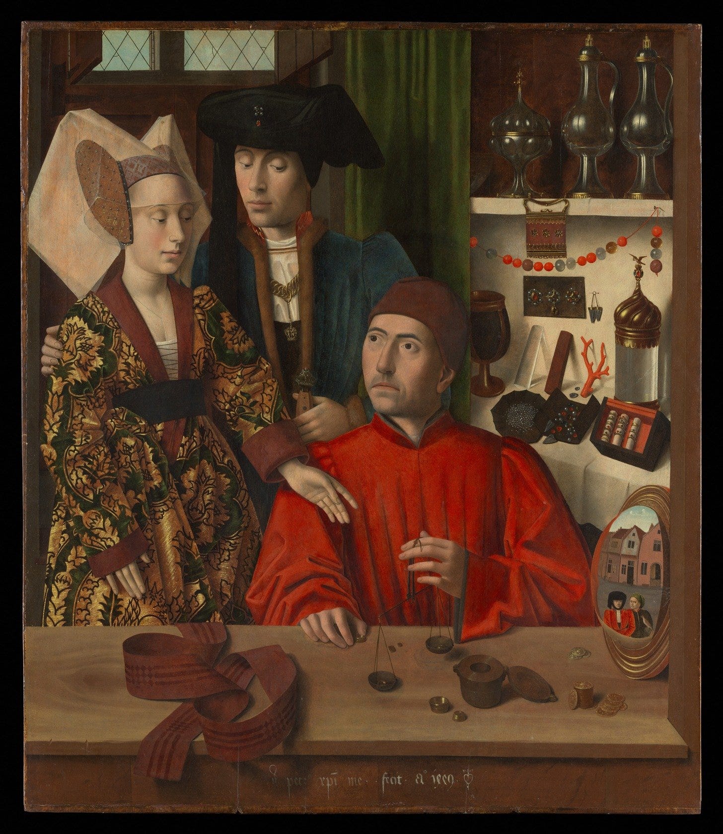 A fifteenth century painting of a goldsmith seated at his counter weighing coins on a balance while an elegant couple watches A fifteenth century painting of a goldsmith seated at his counter weighing coins on a balance while an elegant couple watches