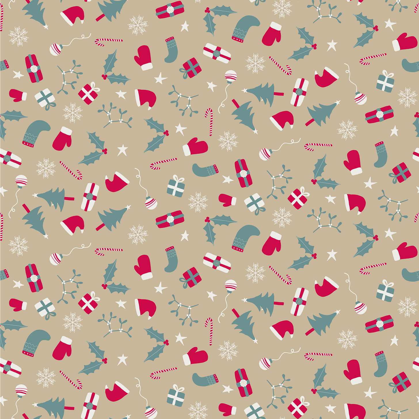 Ditsy Christmas pattern with a beige background and muted green, dark pink and off white motifs including Christmas trees, Santa hats, holly, mistletoe, snowflakes, baubles, candy canes and gifts. 