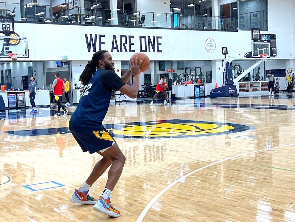 Pacers center Isaiah Jackson shooting 3s after practice on Saturday. Pacers center Isaiah Jackson shooting 3s after practice on Saturday.
