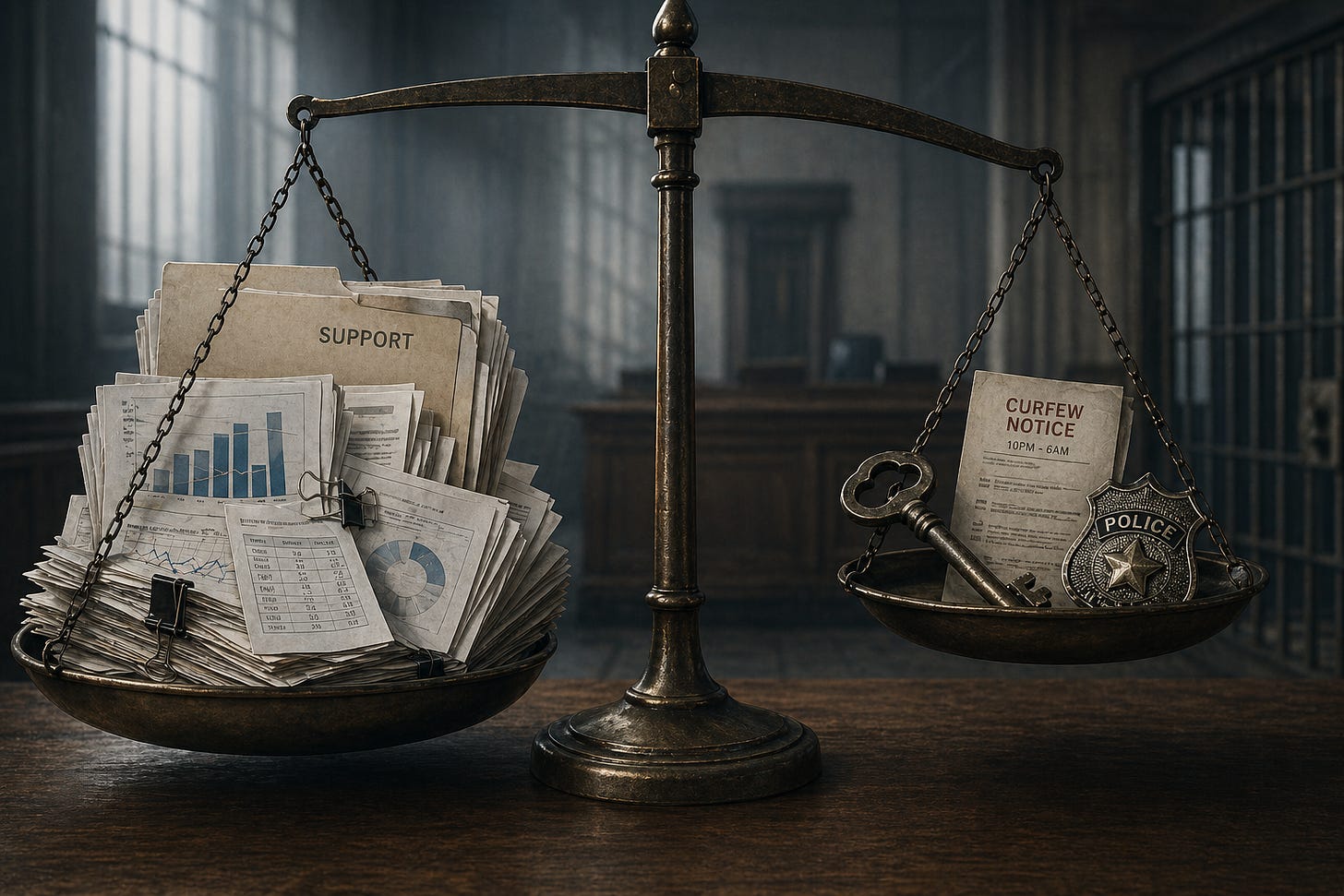 a courtroom scale in a cold institutional setting. On one side: a thin folder labeled “Support” weighed down by charts, evaluation reports, and statistical diagrams. On the other side: a jail key, curfew notice, and police badge treated as if they require no evidence. a courtroom scale in a cold institutional setting. On one side: a thin folder labeled “Support” weighed down by charts, evaluation reports, and statistical diagrams. On the other side: a jail key, curfew notice, and police badge treated as if they require no evidence.