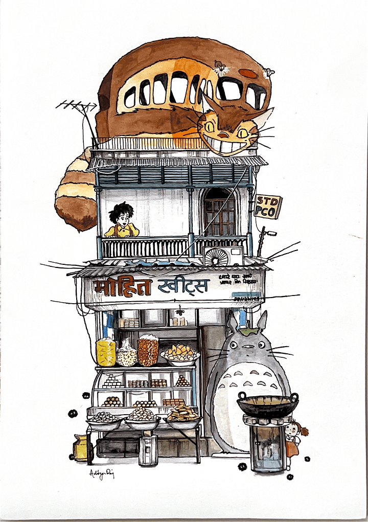 Aditya Raj in Delhi (@adirajart on Insta) does lovely art combining the style and characters of Miyazaki with some iconic Delhi themes. These two pieces are now hanging in my room.