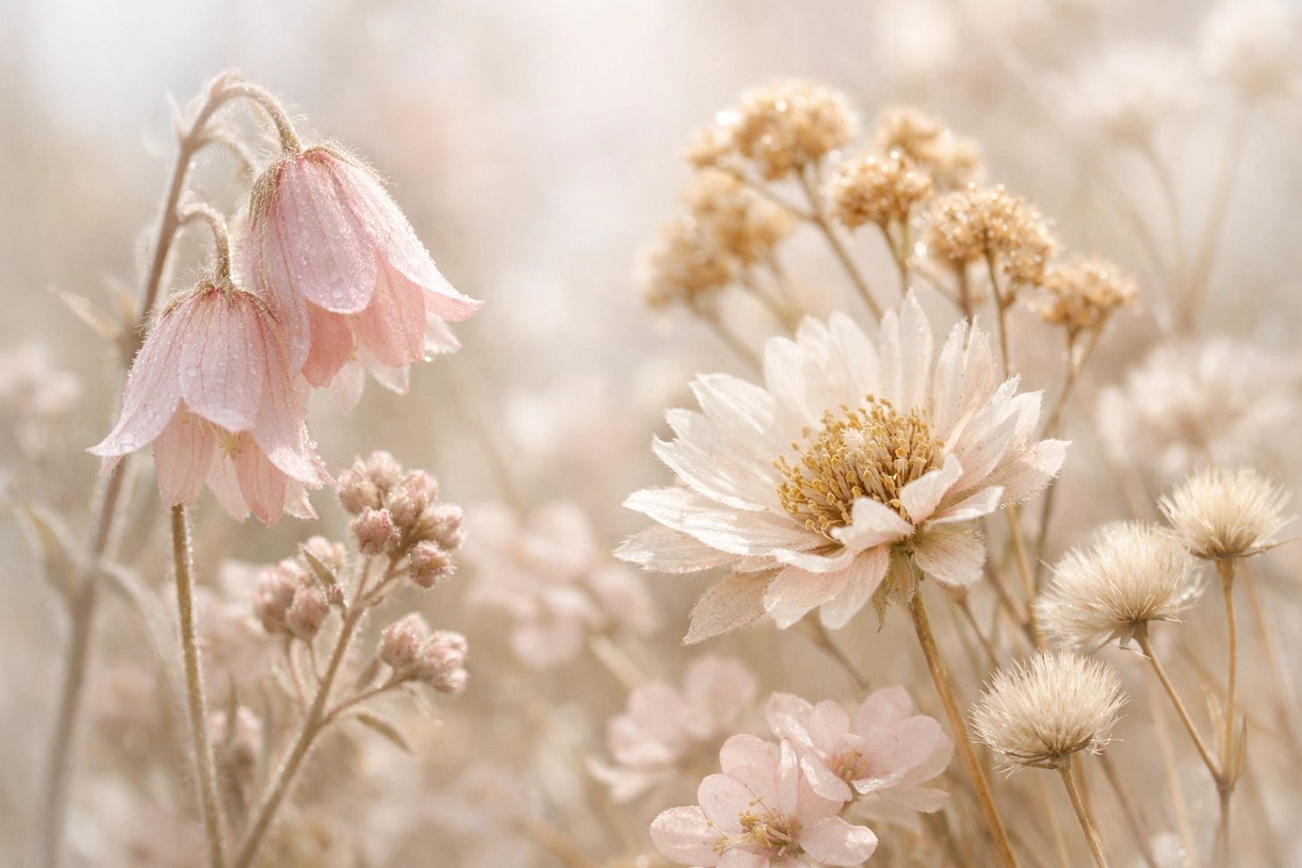 Delicate wildflower close-up in blush pink, soft gold, and neutral tones, naturally lit and airy.