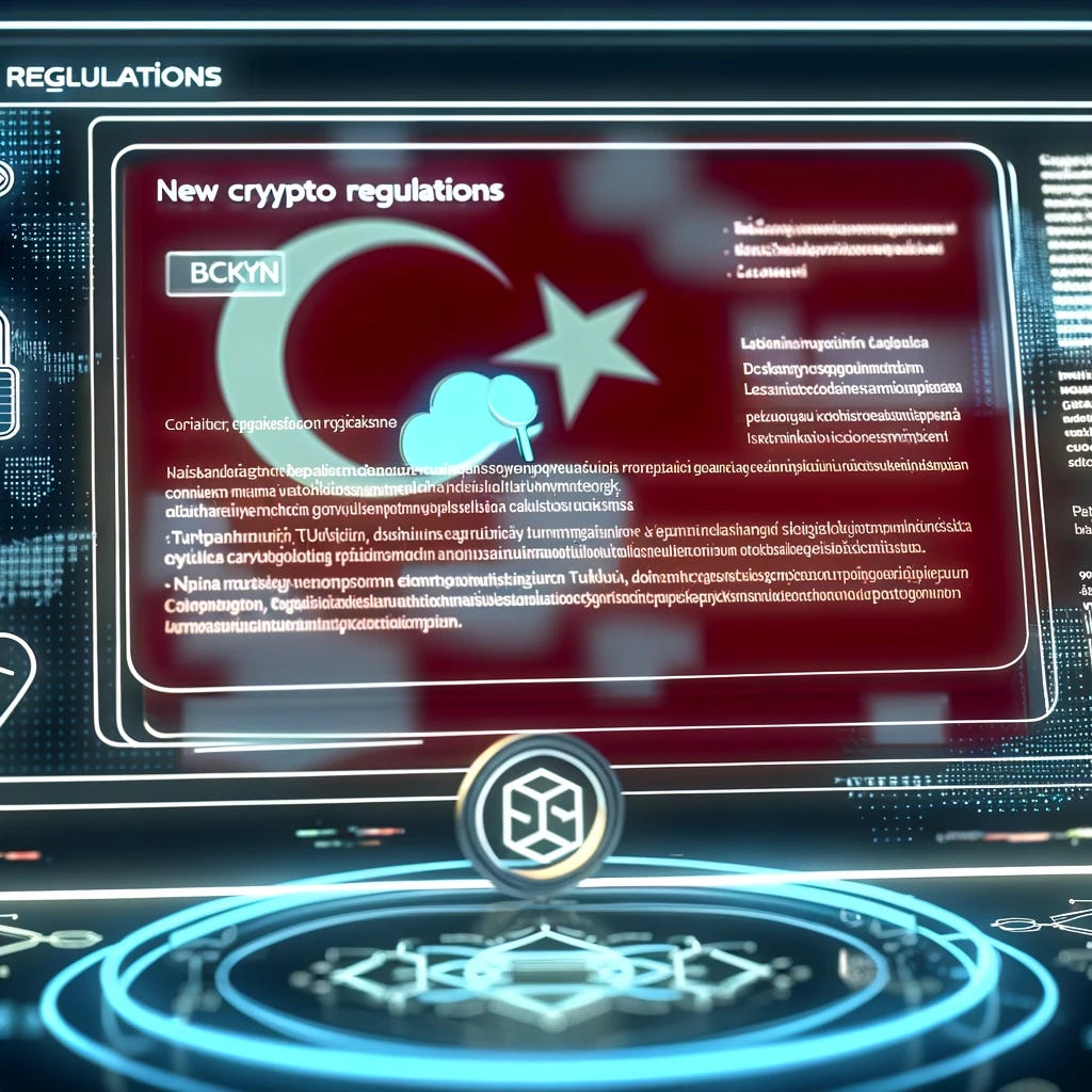 A detailed illustration of a digital platform showcasing the new crypto regulations in Turkey. The screen displays sections of the law, key points, and licensing requirements. The background includes symbols of blockchain technology, such as interconnected blocks, and Turkish cultural elements subtly integrated into the design.