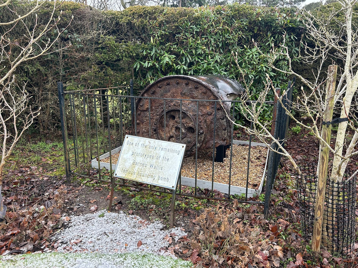 A Barnes Wallis bouncing bomb on display in the Peto Garden at Petwood Hotel. Woodhall Spa, Lincolnshire