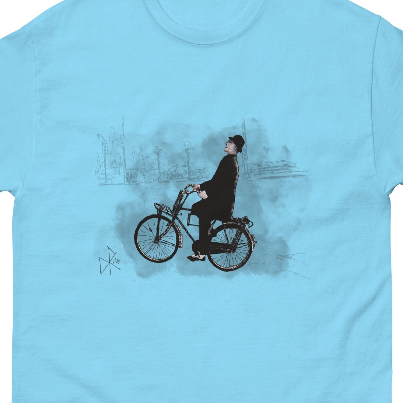 A well dressed bespectacled man, in a suit and bowler hat, on his bike. Ride on dude! Sketch art by Don Rice.