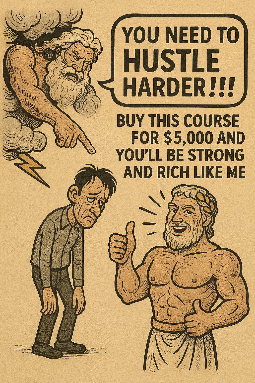 Zeus is pointing at an ill man, telling him to hustle harder. 