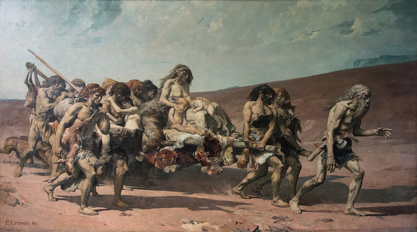 A long frieze of men, women and children dressed in animal skins crossing a bare, sunlit plain. A gaunt, gray-haired old man strides ahead, leaning forward. Behind him young men carry a wooden litter with a woman and small children, and hunters with spears and a dog follow.