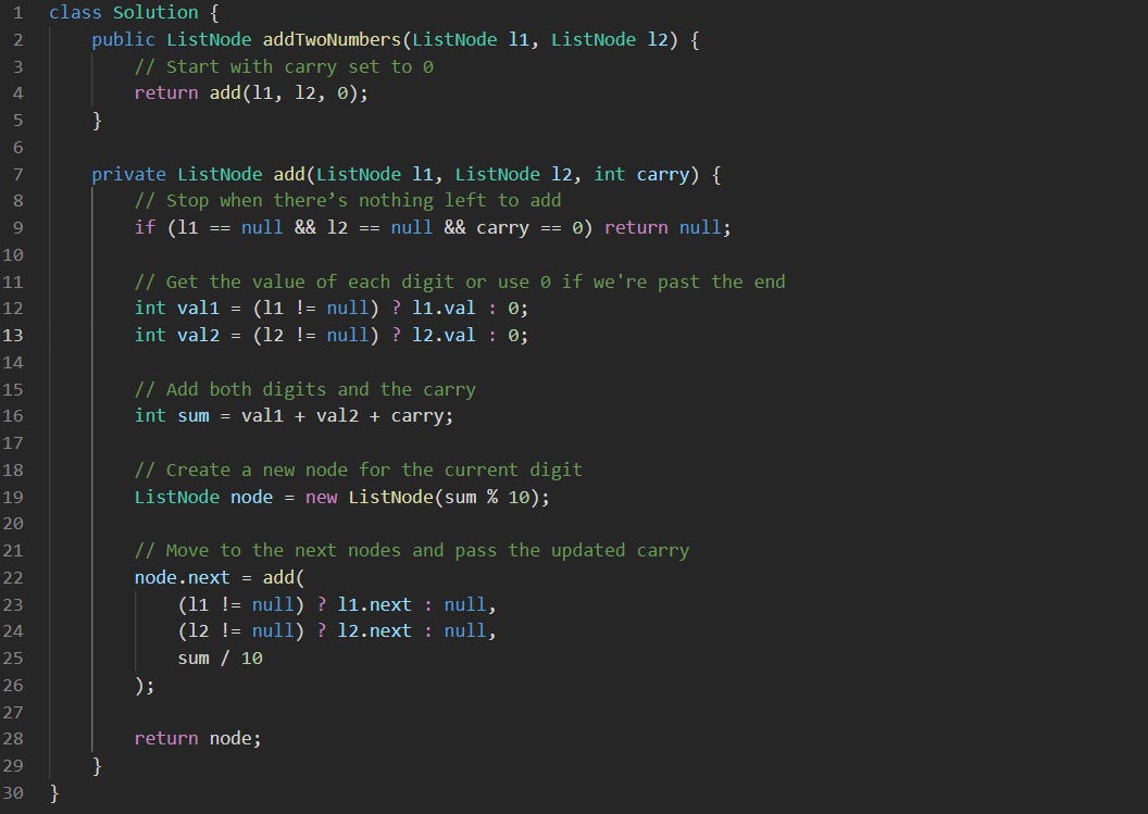 Java Recursive Solution For Add Two Numbers