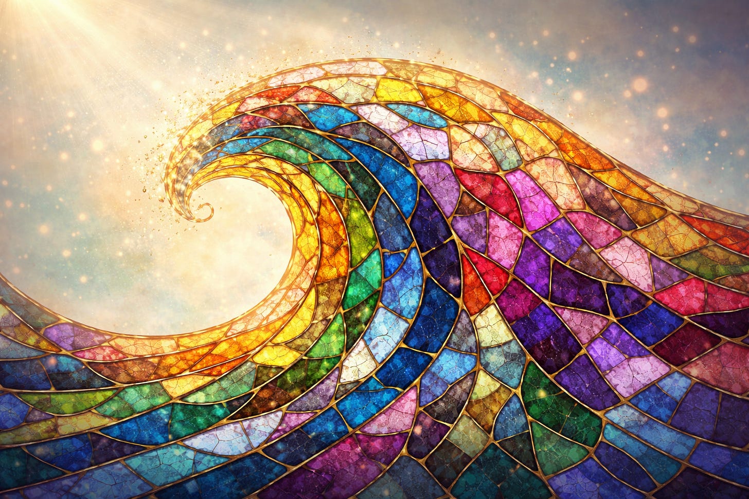 A stained-glass mosaic wave made from many different colored tiles, each piece unique, flowing together into one powerful crest as warm light glows behind it. A stained-glass mosaic wave made from many different colored tiles, each piece unique, flowing together into one powerful crest as warm light glows behind it.