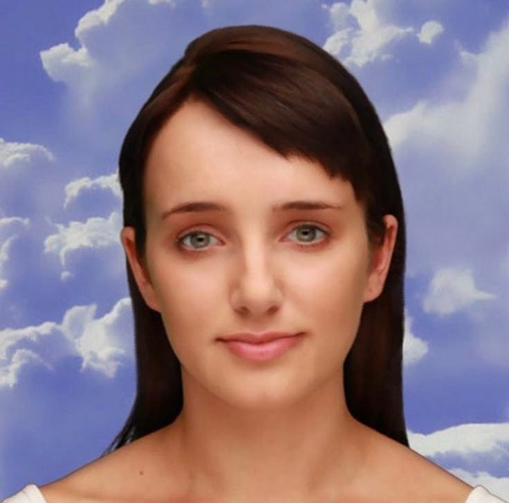 This may contain: a woman's face is shown in front of a blue sky with white clouds